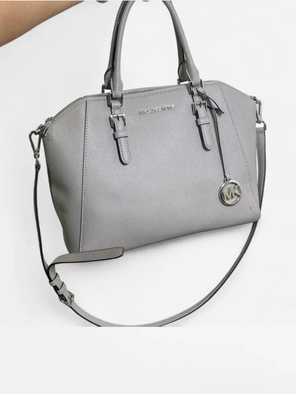 Michael Kors Light Grey Saffiano Satchel with MK Charm